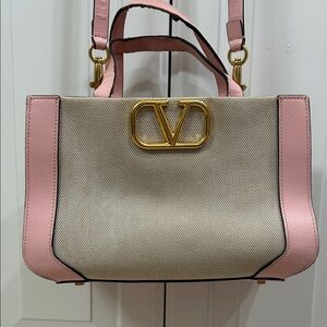 Valentino Garavani Pink Leather and 
Canvas  Small tote bag VG gold logo